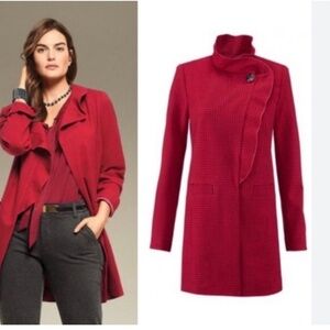 Cabi 3546 Red Houndstooth Ruffle Celebration Long Jacket Size XS